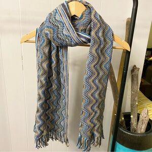 Missoni Wool Zig Zag Striped Fringe Long Scarf Designer Italy Blue Metallic Cute